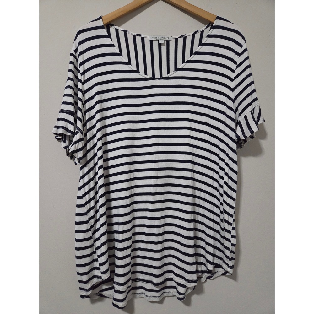 Green Envelope Los Angeles Striped V-Neck Top Womens 2X Navy White Short Sleeve